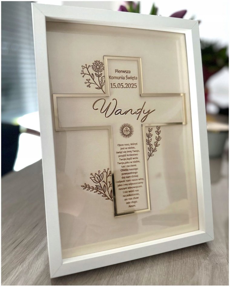 Pamiątka I Komunii Świętej w ramce z krzyżem i modlitwą –...