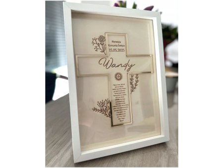 Pamiątka I Komunii Świętej w ramce z krzyżem i modlitwą – personalizowana