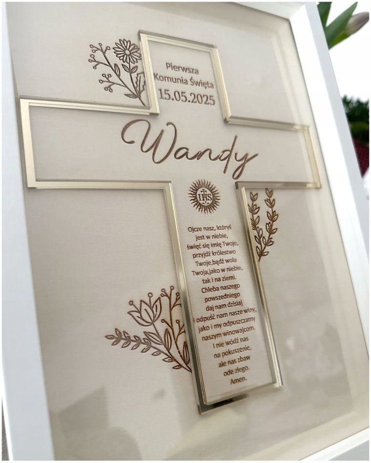 Pamiątka I Komunii Świętej w ramce z krzyżem i modlitwą –...