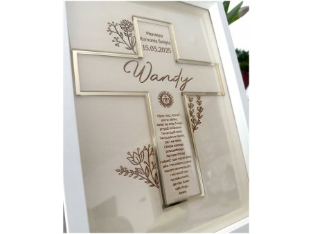Pamiątka I Komunii Świętej w ramce z krzyżem i modlitwą – personalizowana
