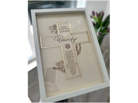 Pamiątka I Komunii Świętej w ramce z krzyżem i modlitwą – personalizowana