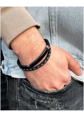 Bransoletka skórzana z grawerem CZARNA z białą nitką