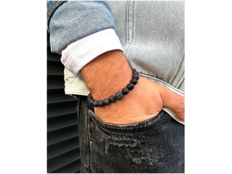 Bransoletka męska z kamieni naturalnych czarna - koraliki lawa wulkaniczna