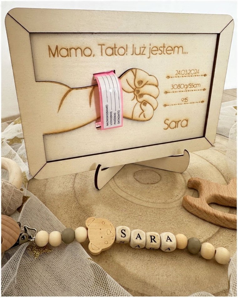 Drewniana metryczka 3D z grawerem „Mamo, Tato! Już...