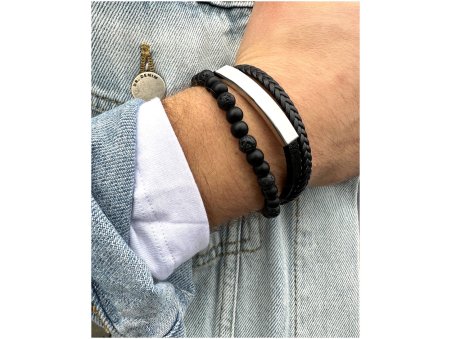 Męska bransoletka z czarnych koralików, skóry i stali – elegancka biżuteria z zapięciem magnetycznym