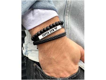 Męska bransoletka z czarnych koralików, skóry i stali – elegancka biżuteria z zapięciem magnetycznym