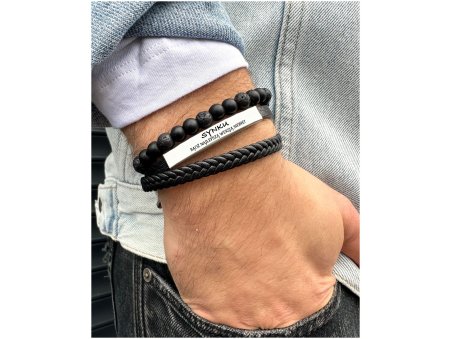 Męska bransoletka z czarnych koralików, skóry i stali – elegancka biżuteria z zapięciem magnetycznym