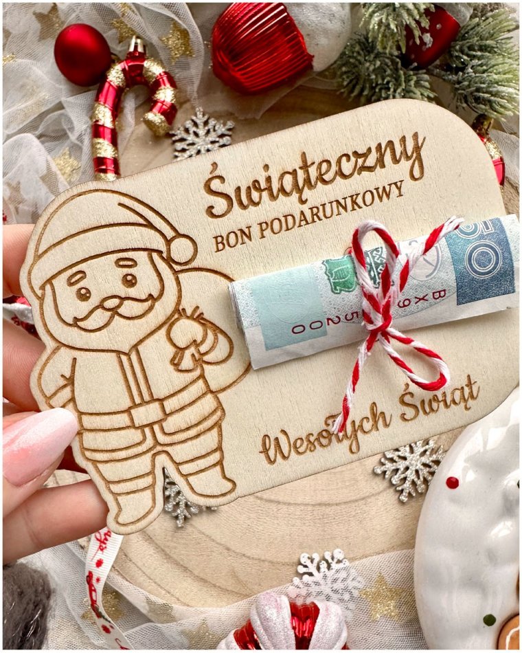 Świąteczny bon podarunkowy na pieniądze – drewniana...