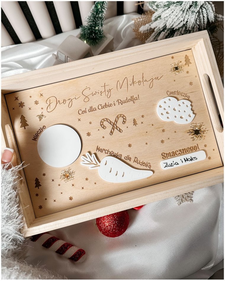 Personalizowana drewniana tacka dla Świętego Mikołaja i...
