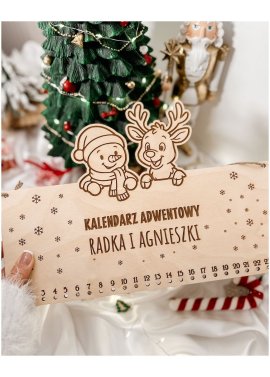 Drewniany kalendarz adwentowy z bałwankiem i Rudolfem –...