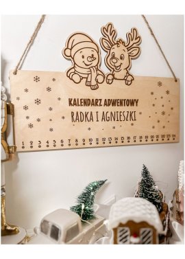 Drewniany kalendarz adwentowy z bałwankiem i Rudolfem –...