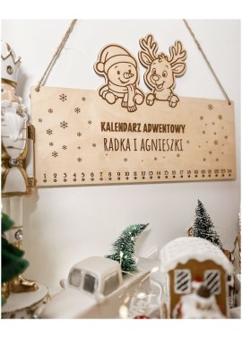 Drewniany kalendarz adwentowy z bałwankiem i Rudolfem –...